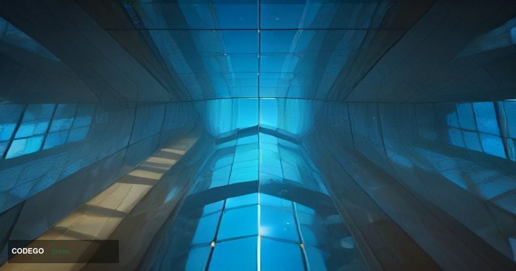 A cinematic editorial photograph shot from a low angle looking up at a grand European financial district building with a glas