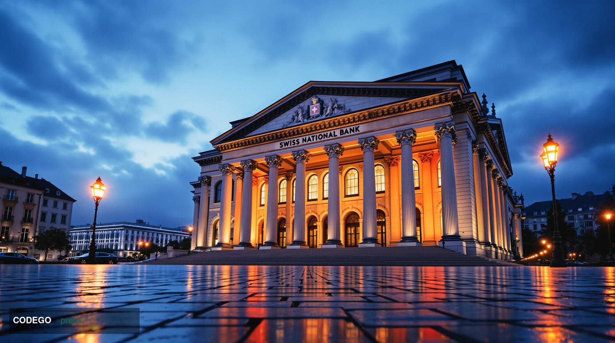 A photorealistic editorial photograph of the Swiss National Bank's iconic neoclassical headquarters building in Bern, Switzer