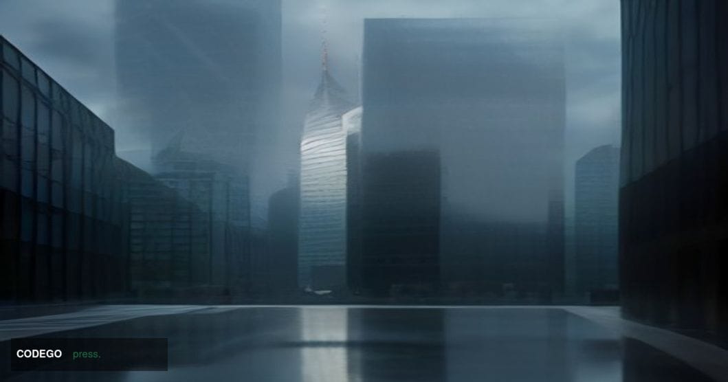 A cinematic editorial photograph set in Zurich's iconic financial district, with the sweeping glass-and-steel facades of Swis