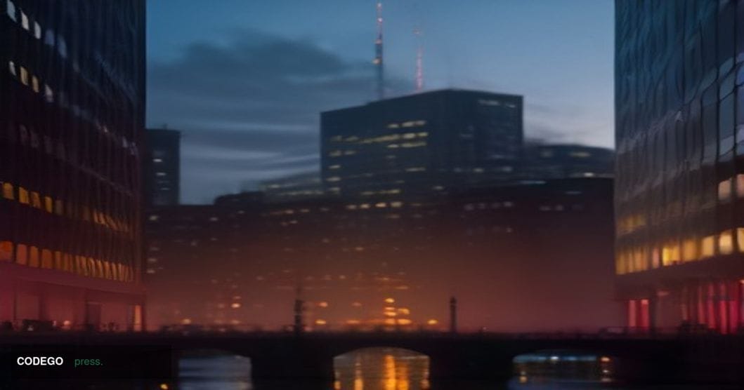 A cinematic editorial photograph set in Zurich's financial district at dusk, with the distinctive silhouette of a grand Swiss