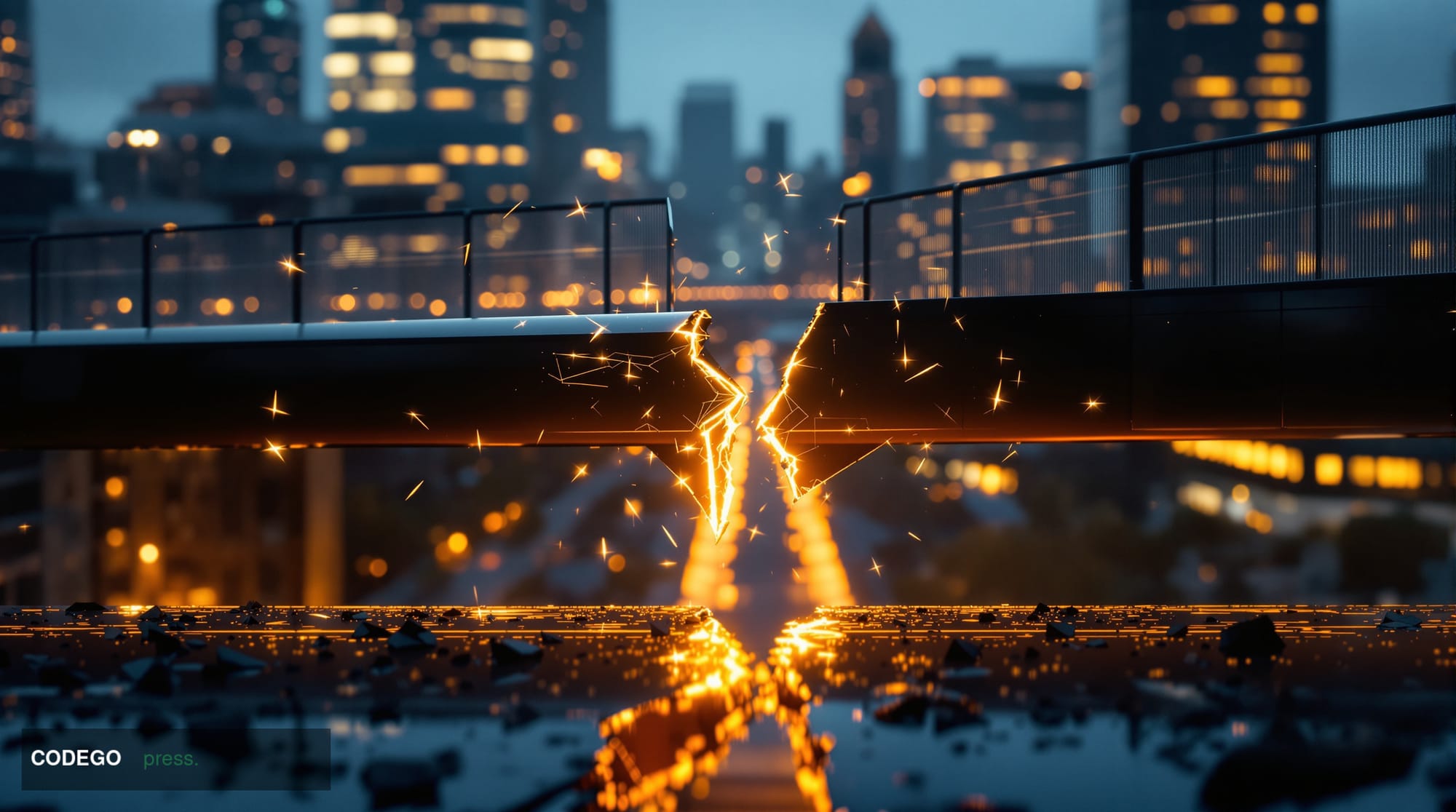 A cinematic editorial photograph of a fractured digital bridge structure rendered in physical form — a sleek, dark glass-and-