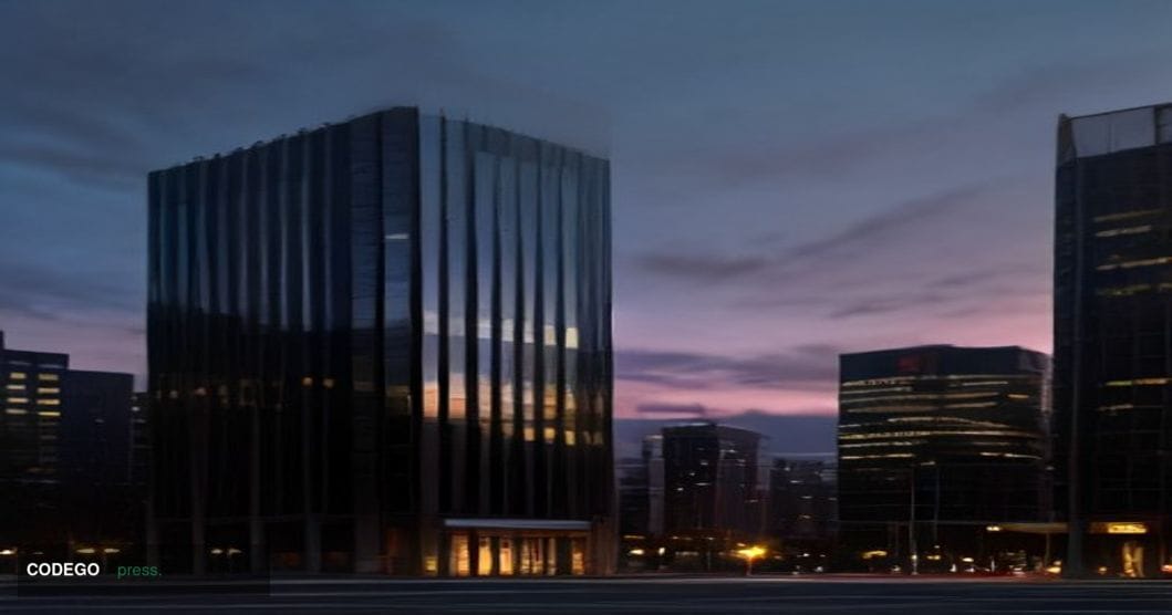 A dramatic wide-angle exterior shot of a modern glass-and-steel mid-rise bank building in downtown Denver at dusk, the Rocky 