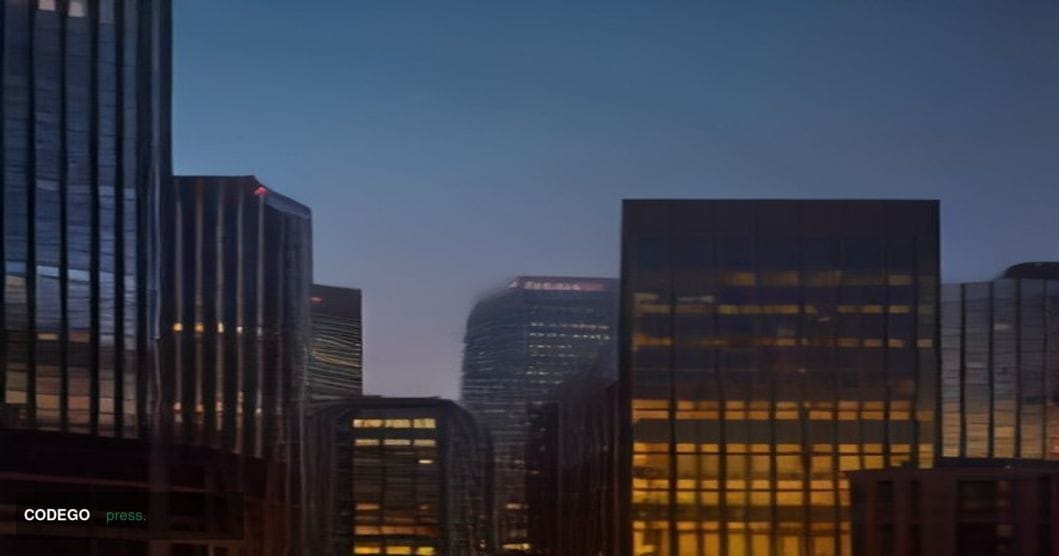 A cinematic editorial photograph of a modern financial district in Denver, Colorado, with the distinctive Rocky Mountain skyl