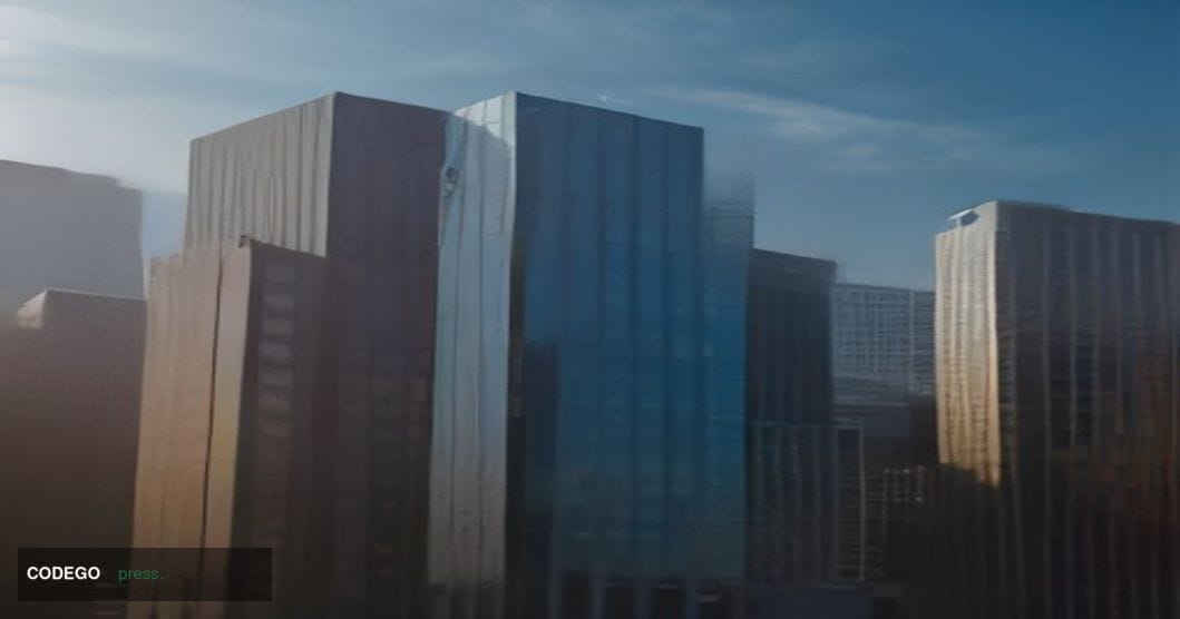 A cinematic editorial photograph of a sleek, modernist financial district office building in Denver, Colorado, shot from a lo