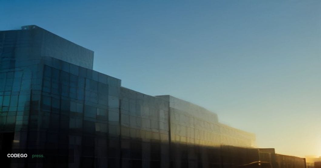 A wide-angle cinematic editorial photograph of a gleaming modern bank branch exterior in a sun-drenched southeastern American