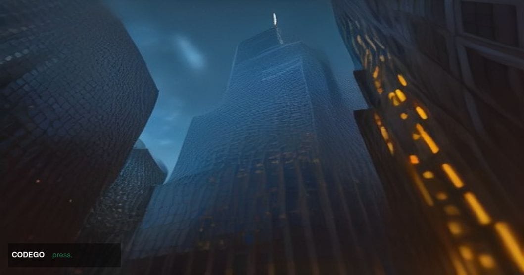 A cinematic editorial photograph taken at ground level looking up at a towering glass-and-steel banking headquarters in Manha