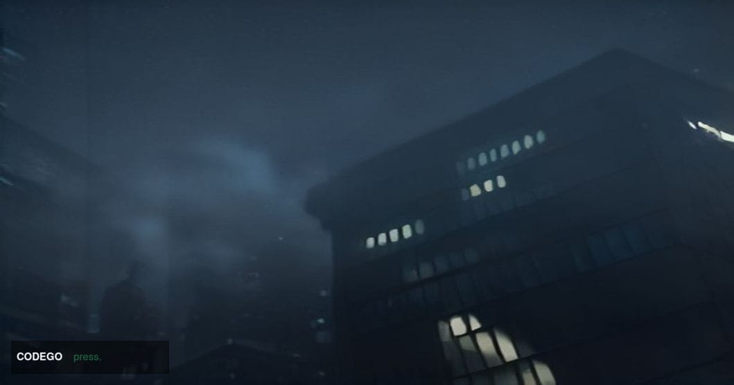 A cinematic editorial photograph shot at a low angle looking up at a sleek glass-and-steel cryptocurrency exchange office bui