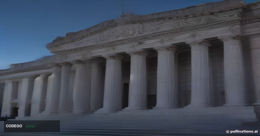 A dramatic wide-angle shot of a federal courthouse in Washington D.C. at dusk, its neoclassical stone columns casting long sh
