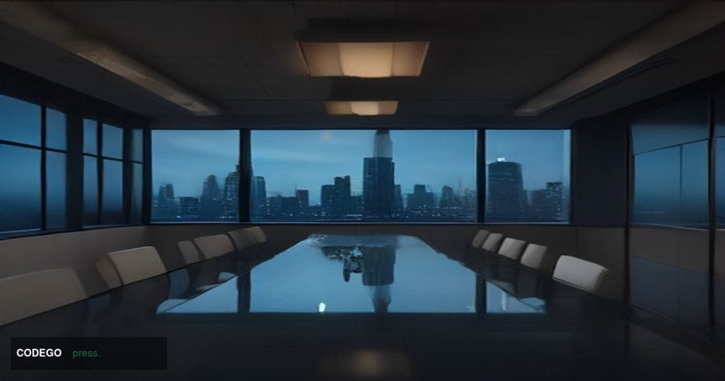 A cinematic editorial photograph set inside a sleek, modern institutional investment boardroom bathed in dramatic chiaroscuro