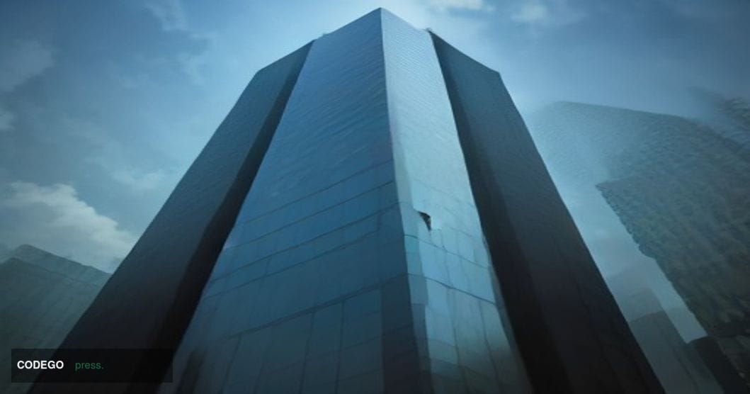 A dramatic photorealistic editorial photograph shot from a low angle looking up at a grand Thai government financial district