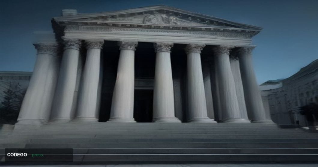 A dramatic editorial photograph of a monumental courthouse exterior shot from a low angle at dusk, its neoclassical stone col