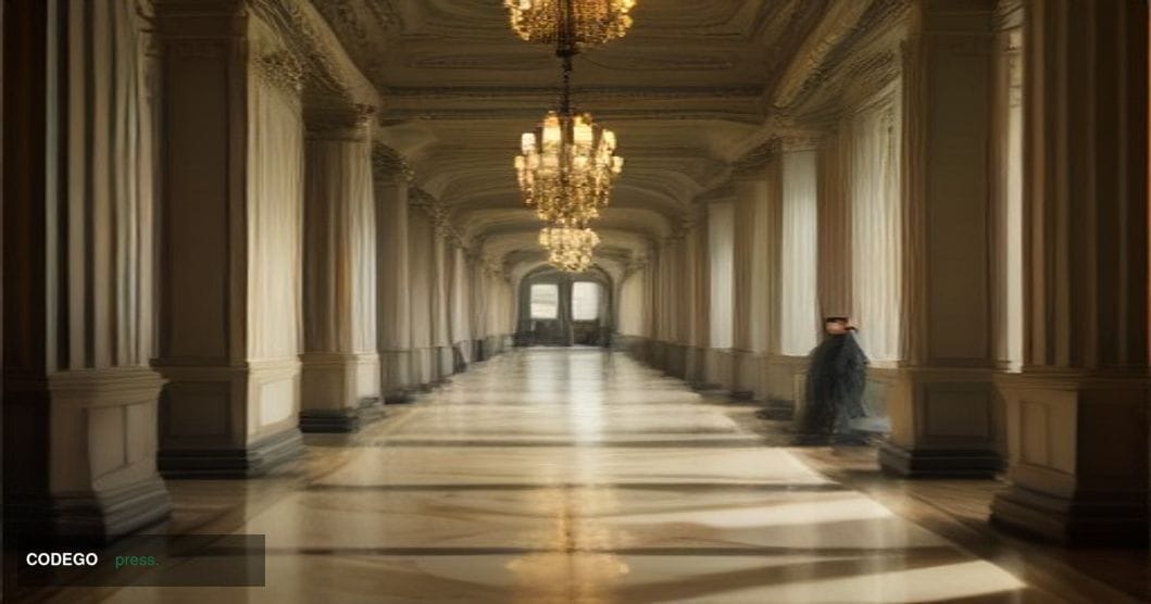 A cinematic editorial photograph set inside a grand European central banking institution's neoclassical marble hall — tall io