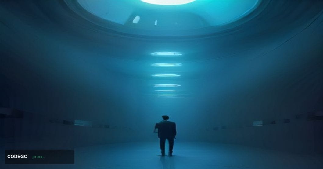 A cinematic editorial photograph set inside a modern banking technology operations center, shot from a low angle looking up t
