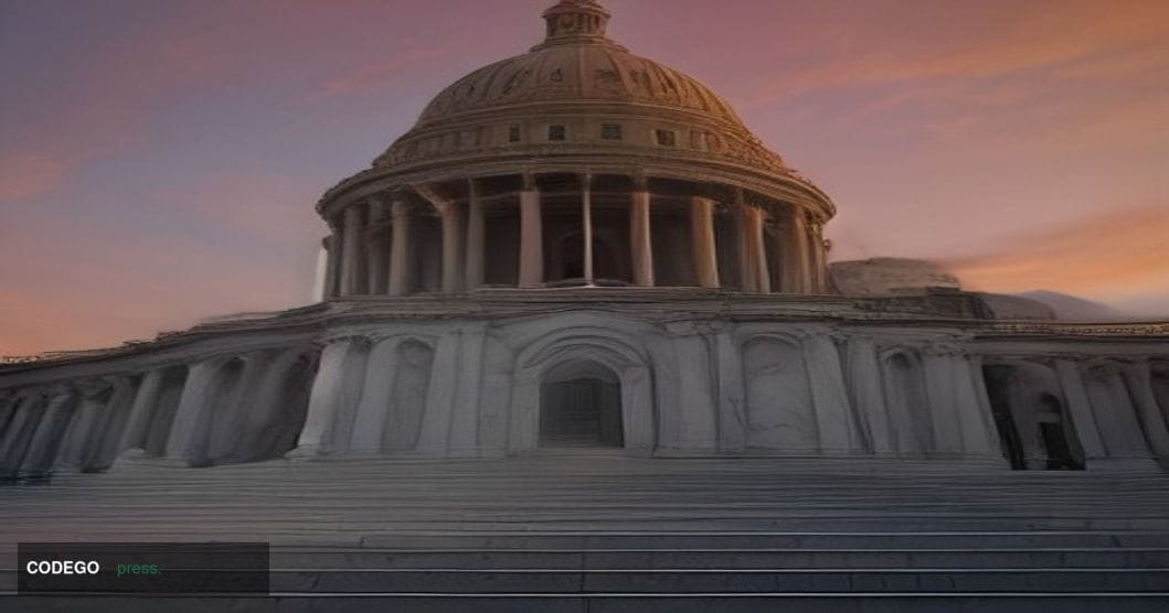 A dramatic wide-angle shot of the United States Capitol building dome at dusk, photographed from a low ground-level perspecti