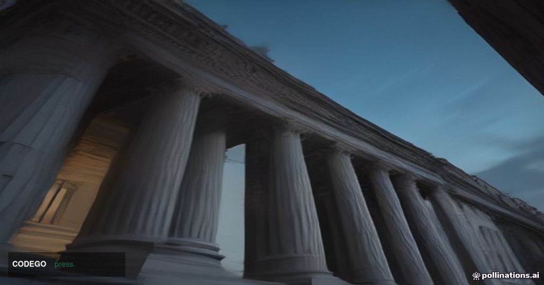 A dramatic wide-angle shot of the United States Treasury Building in Washington D.C. at dusk, photographed from a low angle l
