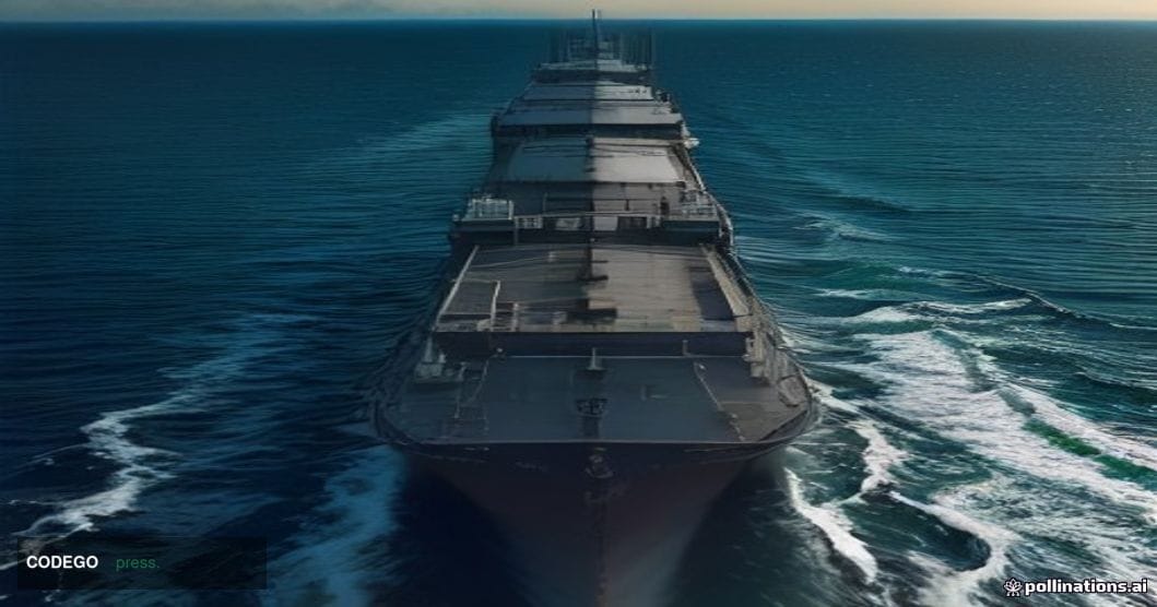 A cinematic editorial photograph set at the Strait of Hormuz at golden hour, with a massive oil tanker navigating the narrow 