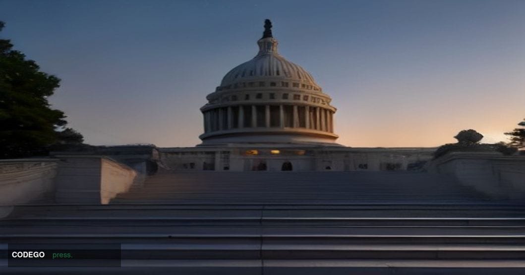 A photorealistic cinematic editorial photograph of the United States Capitol building's Senate wing at dusk, captured from a 