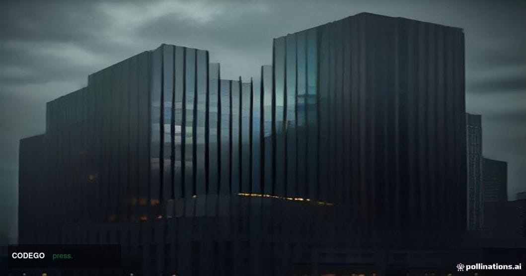 A stark, cinematic editorial photograph of an imposing brutalist bank headquarters at dusk, evoking a major state-owned Easte