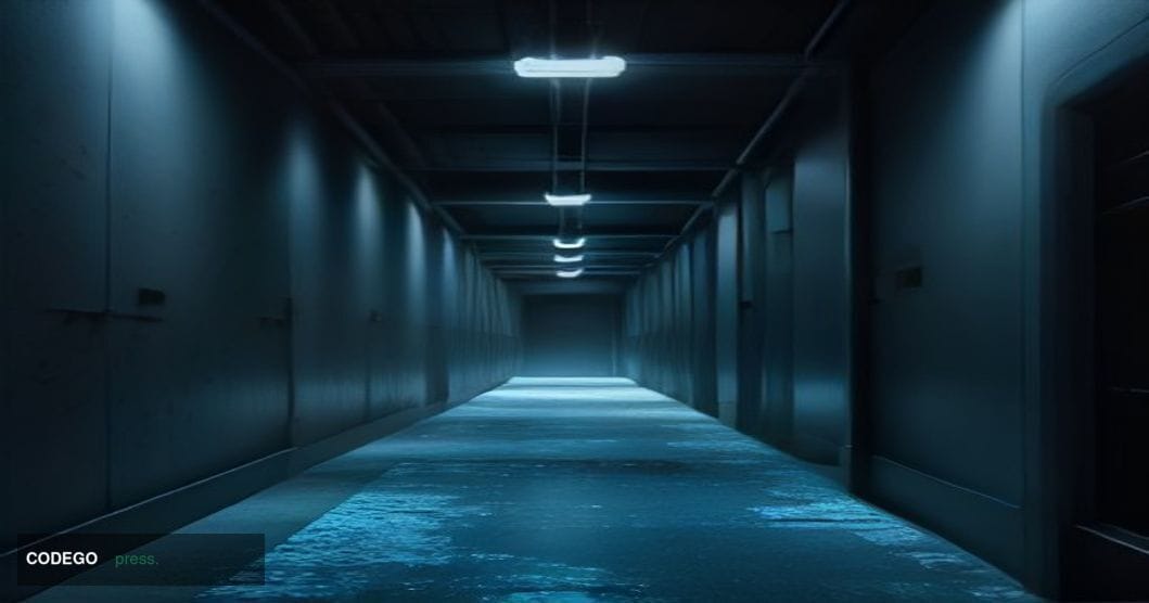 A dimly lit server room corridor with a single open rack door, cables spilling out like severed arteries, shot from a low ang