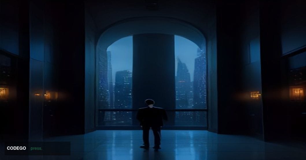 A cinematic editorial photograph set in a sleek, modern San Francisco financial-technology office corridor at dusk, represent