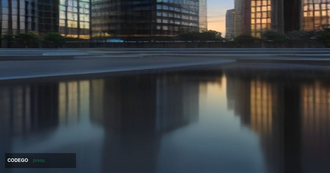 A dramatic cinematic editorial photograph of a sleek, modern glass-and-steel corporate campus at dusk, inspired by San Franci
