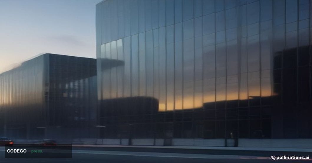 A cinematic editorial photograph of a sleek, modern American regional bank headquarters building photographed at dusk from a 
