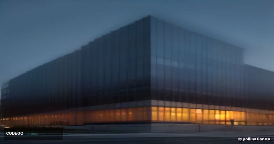 A dramatic cinematic editorial photograph of a large, modern glass-and-steel bank headquarters exterior shot at dusk from a l