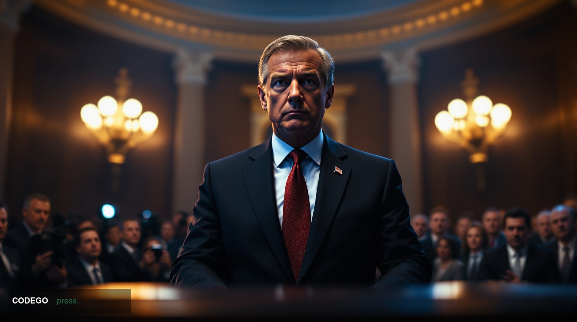 A cinematic editorial photograph of the United States Capitol building in Washington D.C. shot at dusk from a low-angle persp