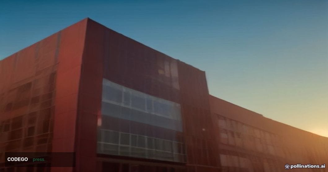 A cinematic editorial photograph shot from a low angle looking up at the exterior of a mid-sized American credit union branch