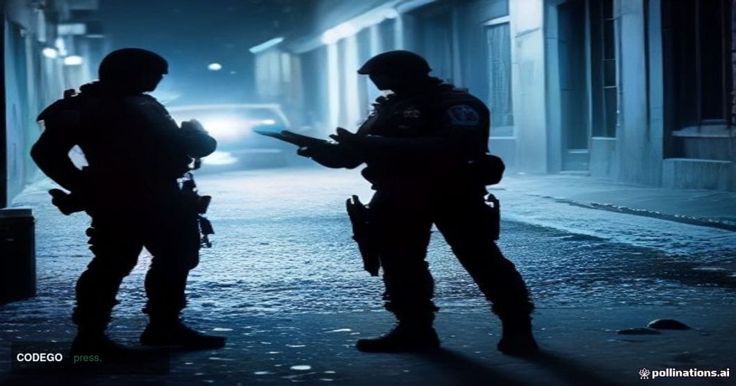A cinematic editorial photograph depicting a joint international law enforcement operation setting, shot at dramatic low angl