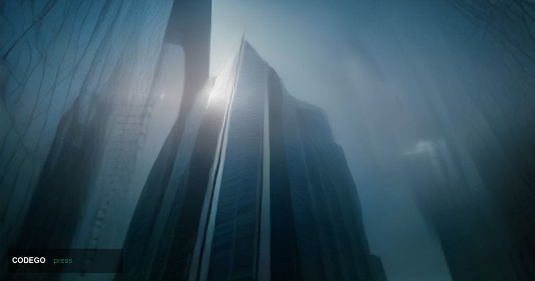 A dramatic cinematic editorial photograph taken at ground level looking upward along the glass-and-steel facade of a modern D