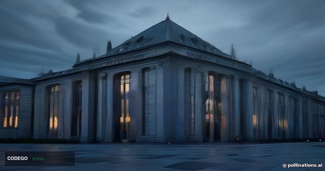 A dramatic low-angle exterior shot of a grand Swiss financial institution building in Zurich, its massive stone and glass fac