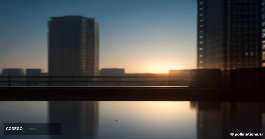 A cinematic editorial photograph set in Kampala, Uganda, at dusk, with the recognizable modernist silhouette of the Bank of U