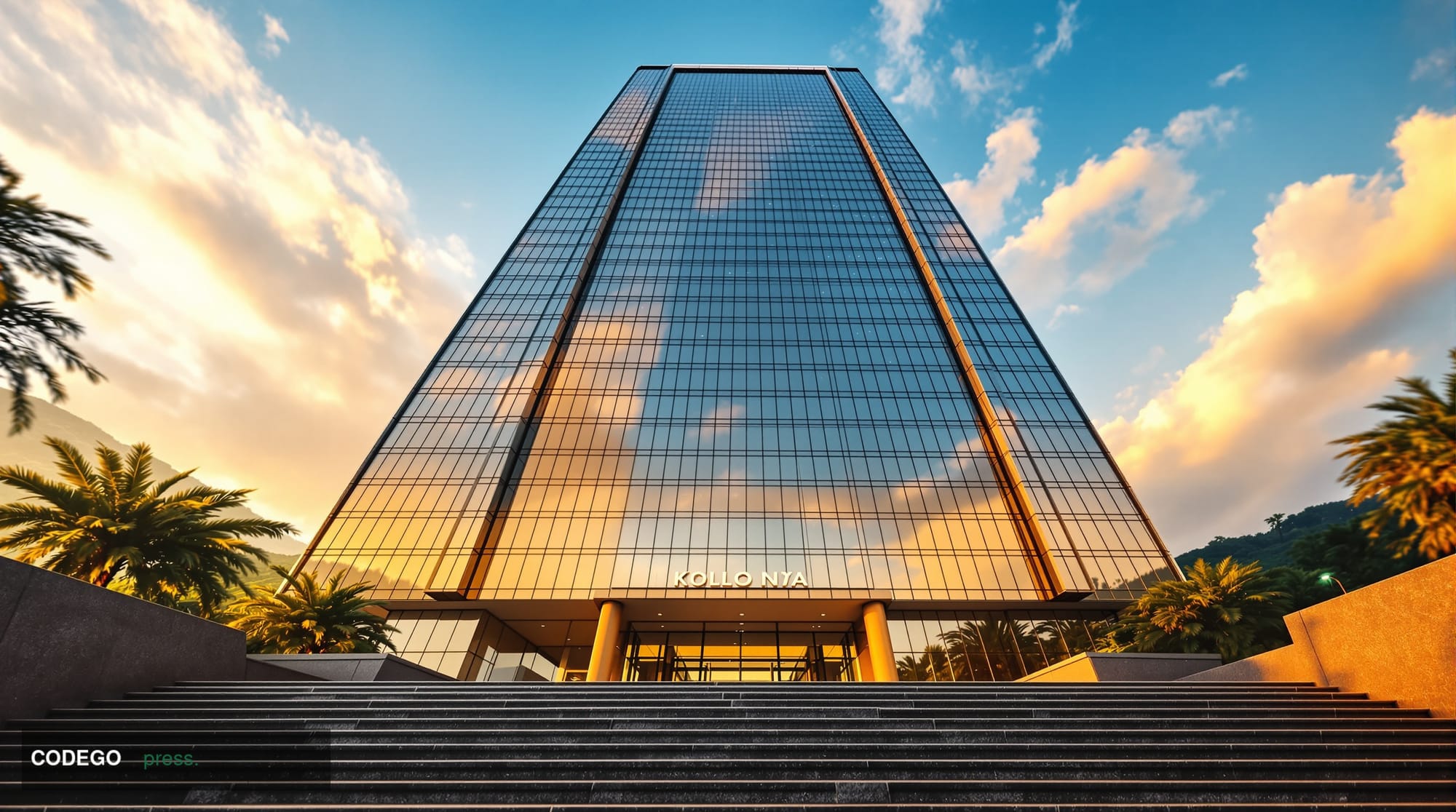 A cinematic editorial photograph of the Ugandan financial district at golden hour, shot from a low angle looking upward at a 