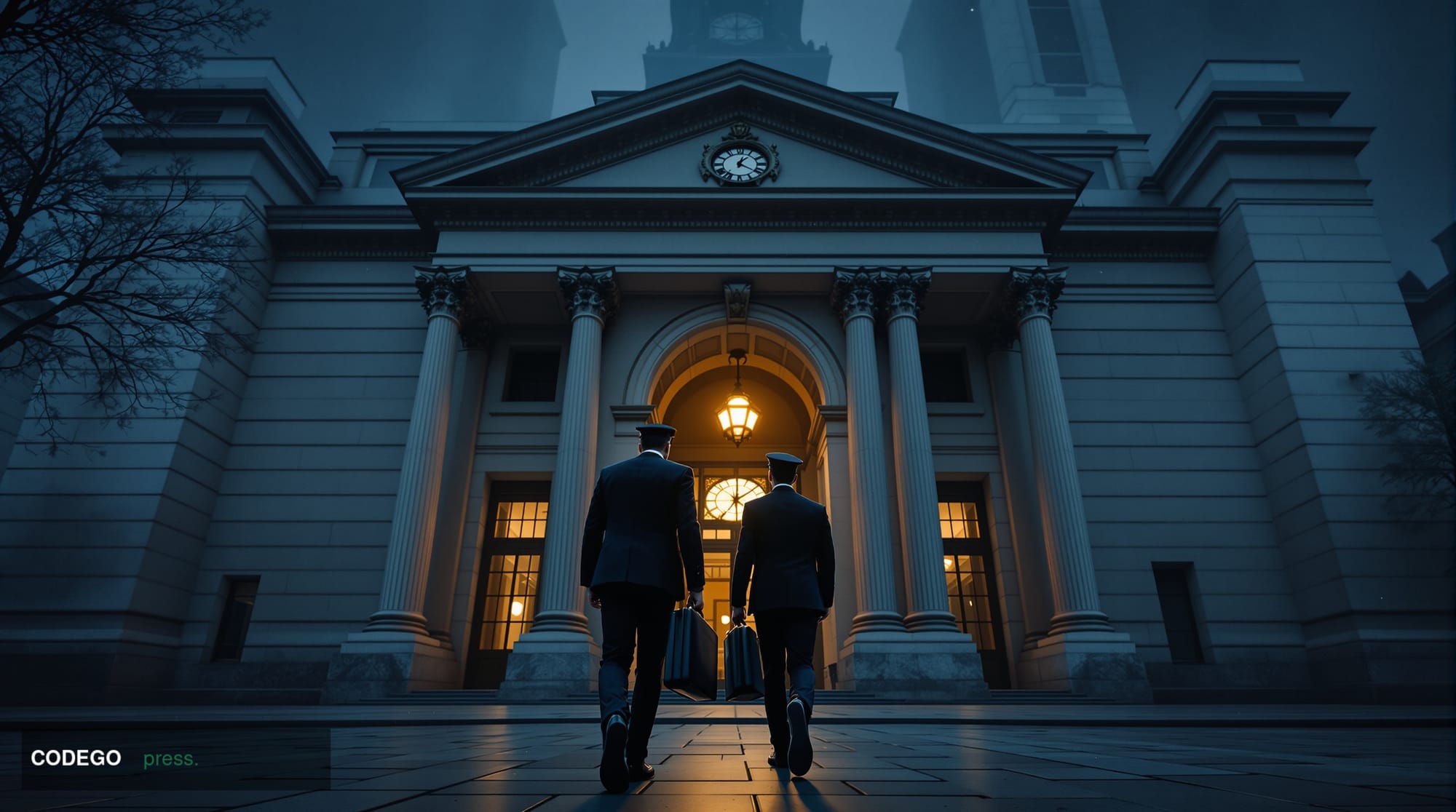 A cinematic editorial photograph taken at ground level looking up at the imposing neoclassical stone facade of a grand Britis