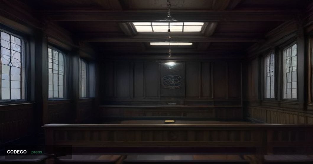 A cinematic editorial photograph set in an austere British magistrates' courtroom interior, shot from a low angle looking up 