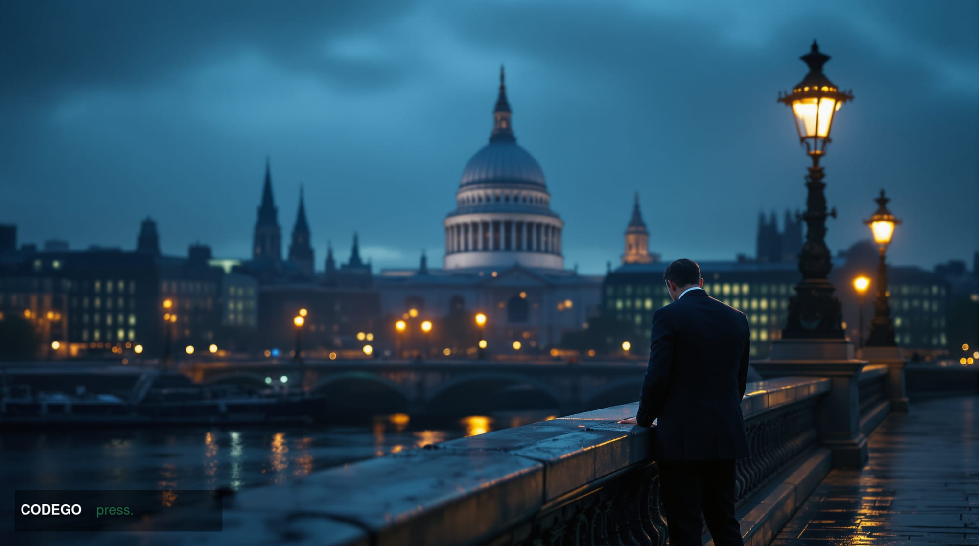 A photorealistic cinematic editorial photograph set in the financial district of the City of London at dusk, with the iconic 