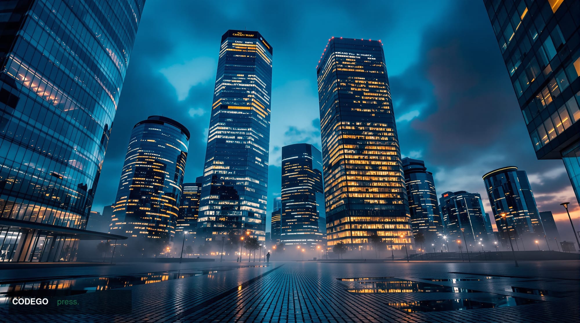 A dramatic wide-angle shot of Canary Wharf's glass financial district towers in London at dusk, photographed from street leve