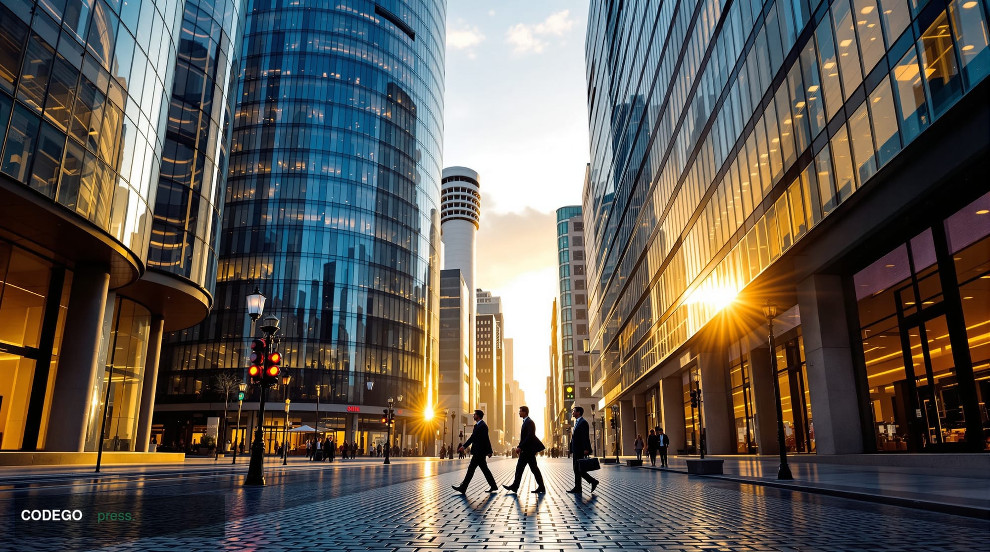 A sweeping wide-angle exterior shot of the City of London financial district at dawn, captured from a low camera angle lookin