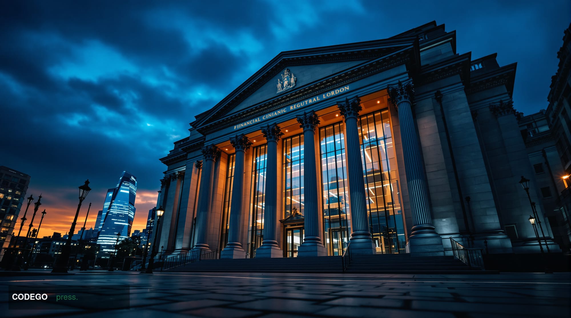 A dramatic cinematic editorial photograph of the exterior of a grand neoclassical British financial regulatory building in th