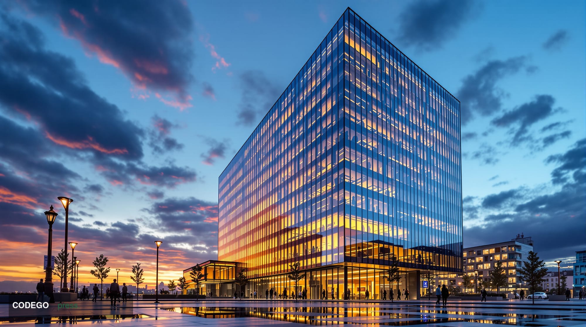 A photorealistic editorial photograph of the Financial Conduct Authority's headquarters in Stratford, East London, shot at du