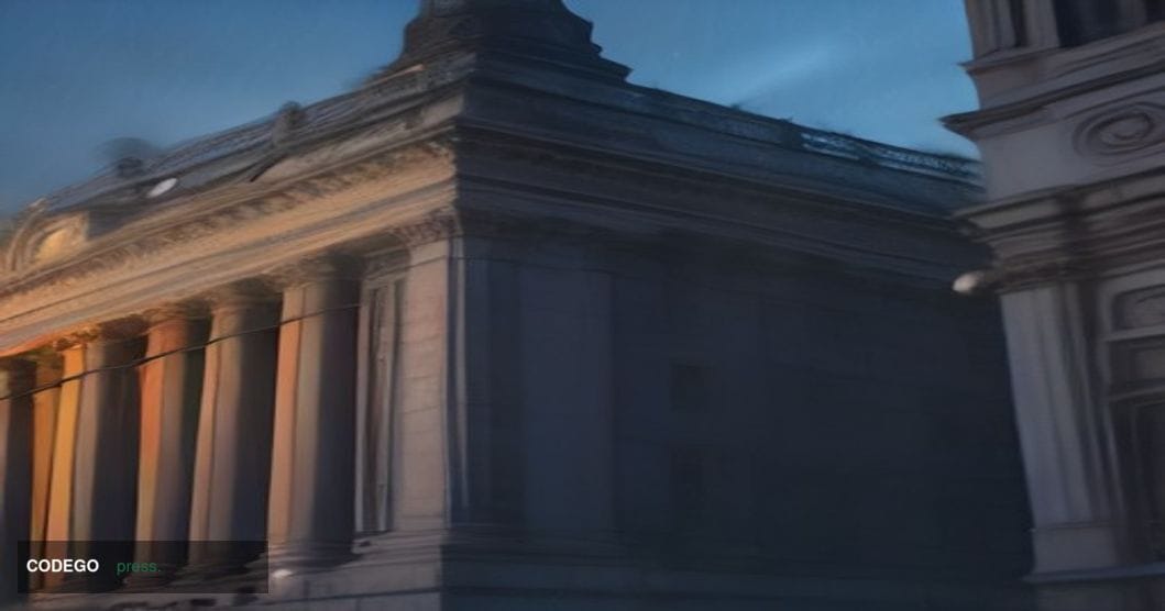 A grand neoclassical financial district building in the City of London, viewed from a low dramatic angle at dusk, its stone c