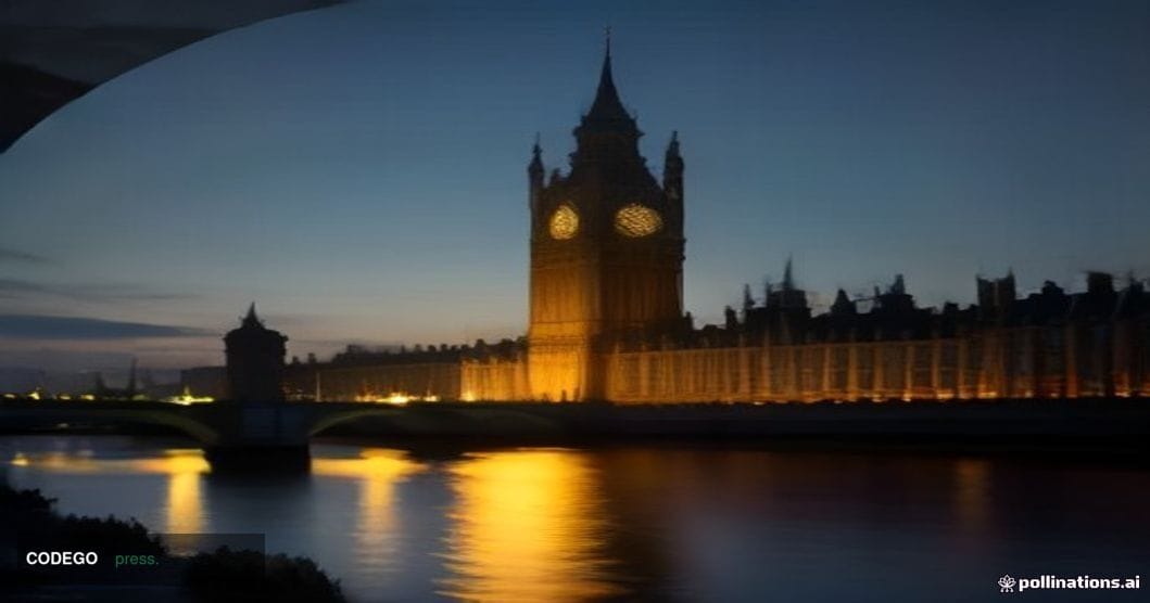 A grand neoclassical stone building representing the Palace of Westminster photographed at dusk from across the Thames, with 
