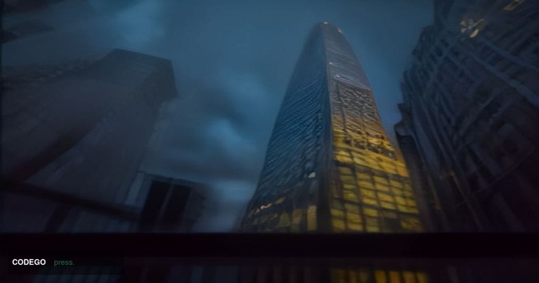 A cinematic editorial photograph shot at ground level looking up at the glass-and-steel facade of a London financial district