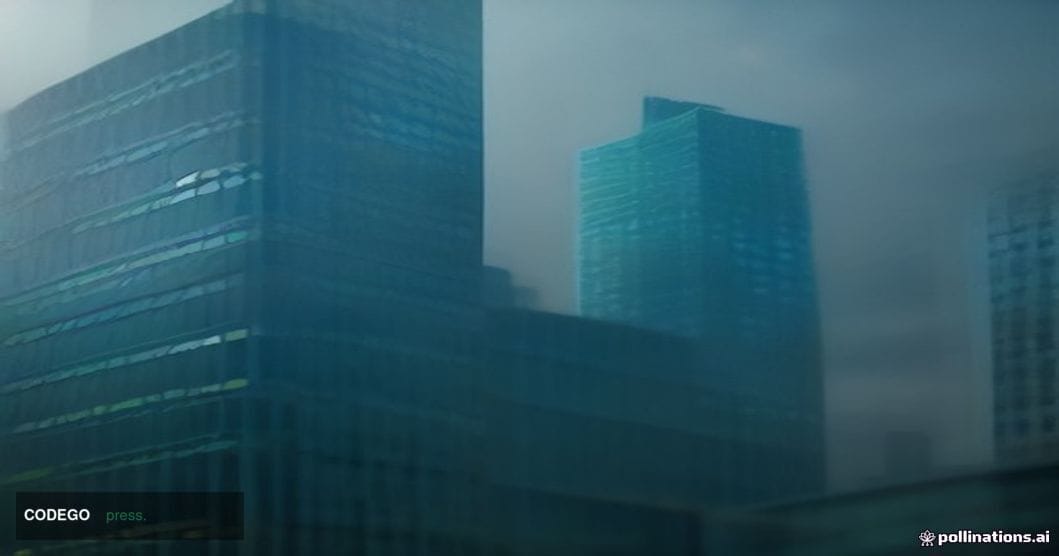 A cinematic editorial photograph shot from a low angle looking up at the glass-and-steel facade of a modern London financial 
