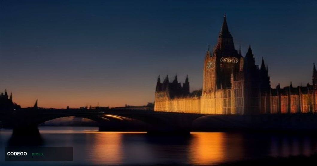 A cinematic editorial photograph of the Palace of Westminster's iconic Gothic riverside facade at dusk, shot from a low-angle