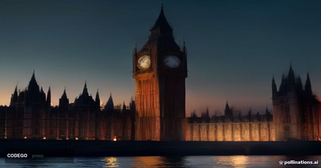 A cinematic editorial photograph of the exterior of the Palace of Westminster viewed from across the Thames at dusk, with the
