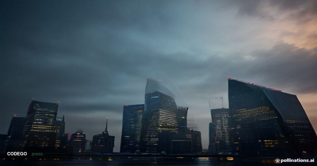 A dramatic low-angle shot of the City of London financial district at dusk, with the glass-and-steel towers of Canary Wharf a