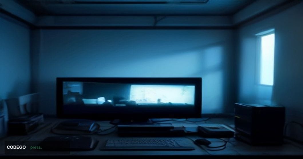 A cinematic editorial photograph set in a dimly lit Kyiv apartment converted into a criminal operation hub, with multiple bla