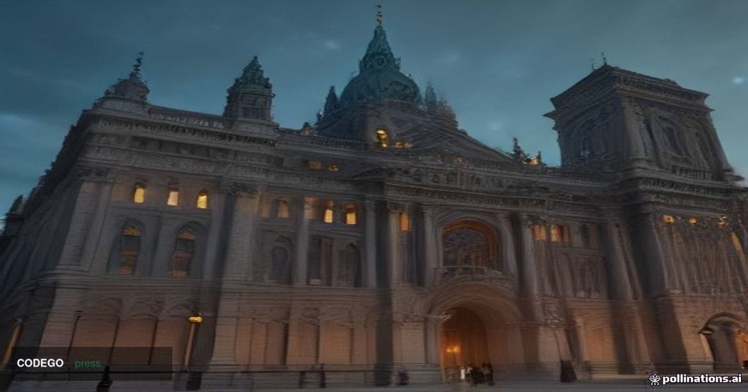A cinematic editorial photograph of two grand European banking headquarters facing each other across a wide urban plaza, one 